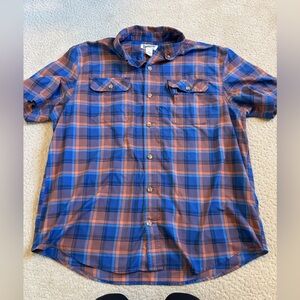 Duluth Trading Co Short Sleeve Blue and Orange Plaid Shirt